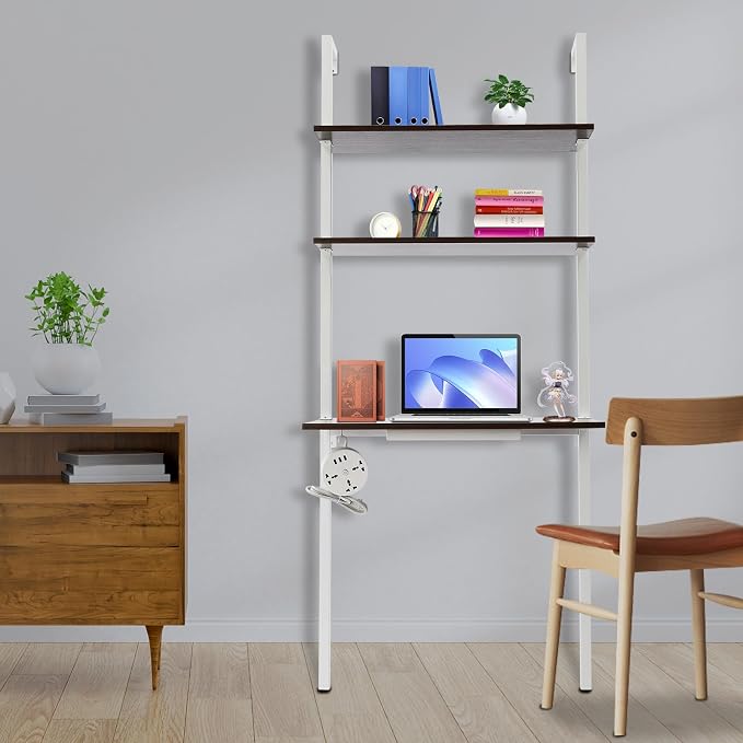Wall Mount Desk 3 Tiers Wall Table Wall Mount Computer Writing Table Industrial Bookcase Desk Brown and White for Homes Office School