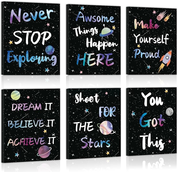 CHDITB Outer Space Framed Canvas Wall Art, Universe Theme Artwork, Inspirational Quote Wall Decor, Stellar Sky Poster, Galaxy Universe Art Prints For Kids Room, Boy Bedroom Classroom Decor(8X10 Inch)