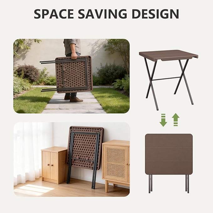 Folding Table, 27 Inch Square Foldable Card Table No Assembly, Portable Coffee Table with Heavy Duty Steel Frame Supports to 400lbs, Ideal for Small Spaces, Picnic, Camping, RV Travel, Parties, Brown