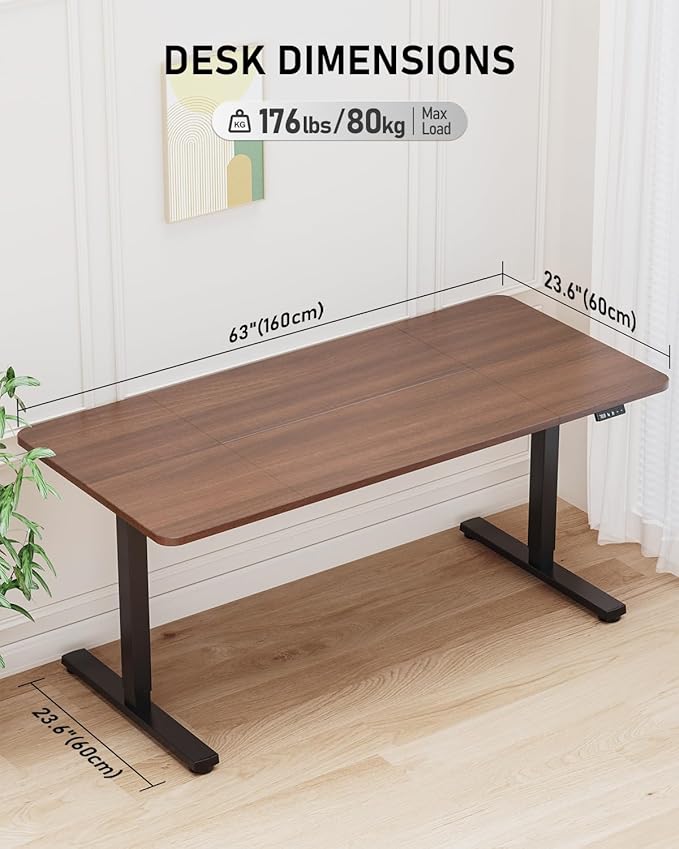 63" Electric Standing Desk Adjustable Height, Sit Stand up Desk for Home Office & Computer Workstation, 2 Memory Height Settings, Splice Board, 2 Hooks, Black Frame/Walnut Top