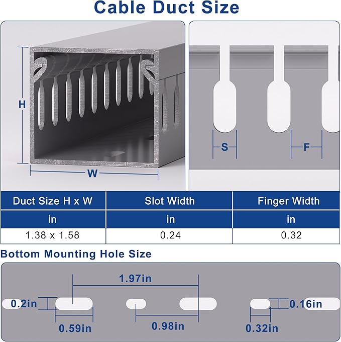 1.4"H x 1.6"W Cable Raceway, 99in Under Desk Wire Management Channel, Grey | Slotted Wire Duct, 6Pack, 16.5in Each, Heavy-Duty PVC Cable Management for Server Racks, Network Cables & Electrical Cabinets