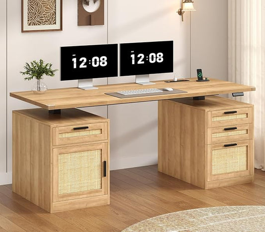 60" Rattan Electric Standing Desk with Drawers for Home Office, Oak | Height Adjustable Computer Desk with 4 Drawers & Storage Shelves, Wood Sit Stand Desk with Power Outlets for Work, Study