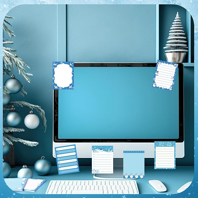 12 Pcs Christmas Sticky Notes Christmas Design Self Adhesive Note Pads Winter Snowflake Sticky Memo Blue Cartoon Snowman Penguin Notepad for Xmas Gift Office Home Supplies Present