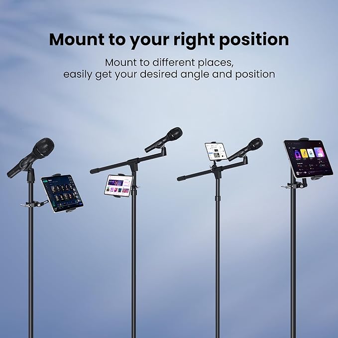 CreaDream Tablet Holder for Microphone Stand, Aluminum Mic Music Stand Holder Mount for Phone and iPad, Adjustable Tablet Holder Compatible with Devices from 4.7 to 13 inch Tablets & Smartphones