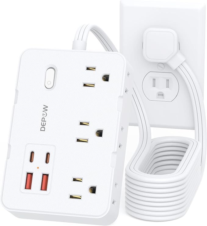 DEPOW Surge Protector Power Strip with Flat Plug, 10 FT Extension Cord with 6 AC Outlets 4 USB Ports(2 USB-C),1050J Surge Protection, Wall Mountable Charging Station for Office, Home, White