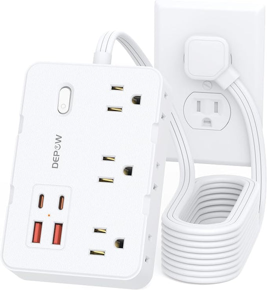 DEPOW Surge Protector Power Strip with Flat Plug, 10 FT Extension Cord with 6 AC Outlets 4 USB Ports(2 USB-C),1050J Surge Protection, Wall Mountable Charging Station for Office, Home, White
