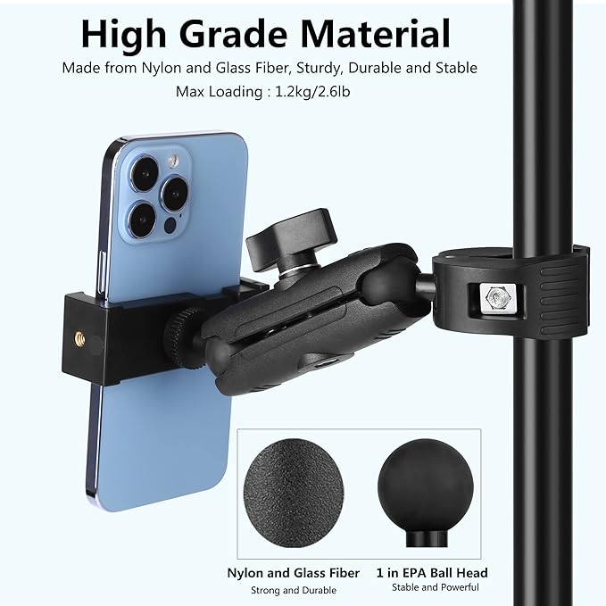 Music Boom Microphone Mic Stand Phone Holder Mount with Long Arm and Super Clamp 360° Rotation for Phone 14 13 12 11 MAX Pro Samsung Galaxy S22 S21 Google Pixel, 3.5 to 7" Smartphone