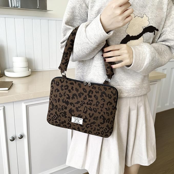 Leopard Print Laptop Case 11, 13,15 Inch Quilted Laptop Sleeve Soft Protective Cheetah Computer Sleeve for MacBook (Coffee, with Strap, 11 Inch)