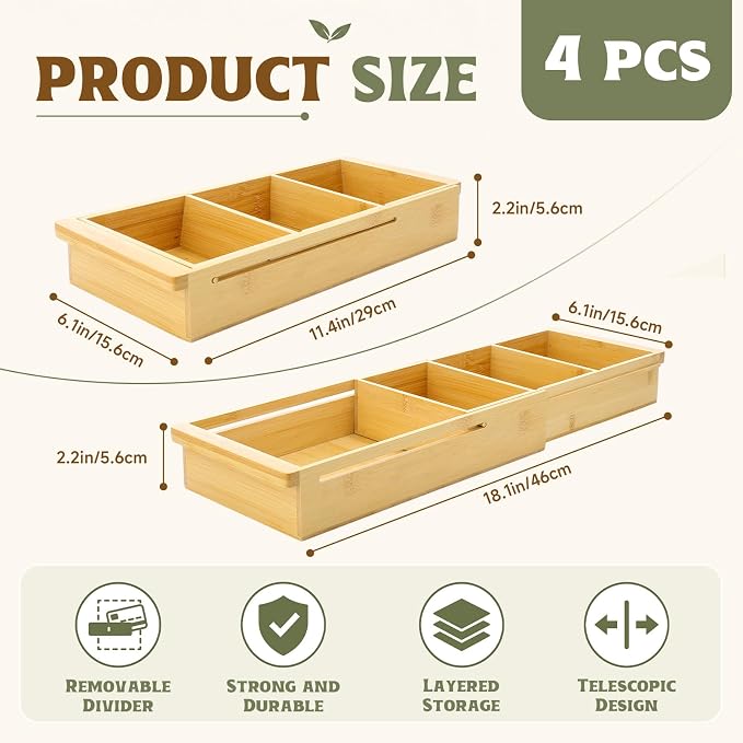 Yookeer 4 Pcs Expandable Drawer Organizer Adjustable Hanging Deep Drawer 11.4'' to 18.1'' Bamboo Wood Dividers Storage Tray for Desk Kitchen Bedroom Bathroom Office Supplies