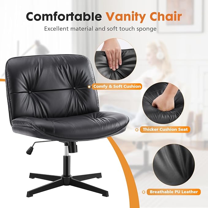 Sweetcrispy Criss Cross Armless Office Chair - PU Leather Adjustable 360° Swivel Wide Seat with Thick Padding, Ergonomic Rolling Computer Desk Task Chair for Modern Vanity & Makeup