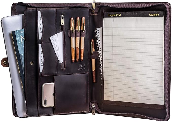 Genuine Leather Business Portfolio Padfolio Folder with Zipper for Men, Men's Leather Padfolio Folder for 13" Laptop, Business Portfolio for Letter Size Notepad, Graduation Gift，Dark Brown