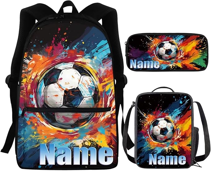 Soccer fortnite Customized Backpack for Boys 8-12 Cool School Backpack Set with Lunch Box and Pencil Bag Large Bookbag Set Back to School Supplies