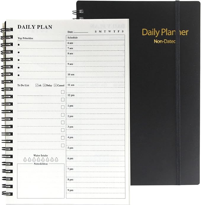 Daily Planner Undated, A5 To Do List Notebook with Hourly Schedules, Spiral Time Management Organizer for Man Women, 8.3" x 5.6" 152 Pages Black