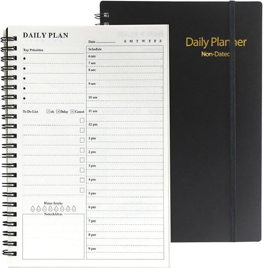 Daily Planner Undated, A5 To Do List Notebook with Hourly Schedules, Spiral Time Management Organizer for Man Women, 8.3" x 5.6" 152 Pages Black