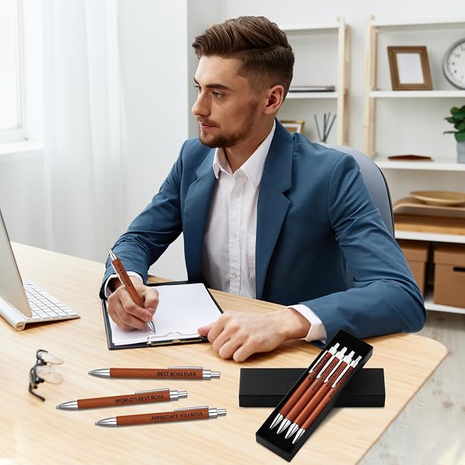 Sayglossy 4 Pcs Boss Appreciation Gifts Leather Pen Sets Boss Birthday Thank You Pens for Office Leader Supervisor Driver