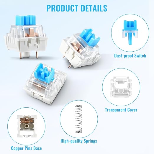 Leezmark 120 Pcs Blue Mechanical Keyboard Switches, 3-PIN Tactile Key Switches for 3D Prints Fidget, Dustproof Replacement Keys for Most Gaming Keyboards