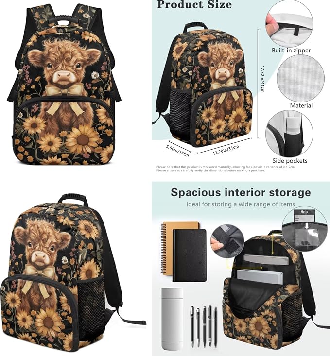 ZFRXIGN Highland Cow Kids Backpack for Boys Bookbag with Cute Pendant 17inch Girls Elementary School Bag and Insulated Lunch Box Pencil Case Back to School Stuff
