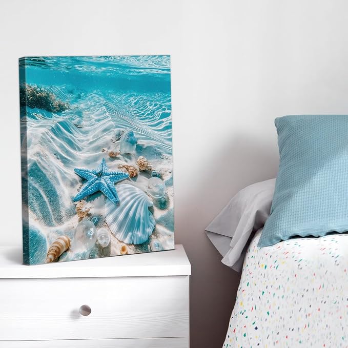 Coastal Beach Seashell Wall Art Decor Blue Ocean Starfish Painting Picture Artwork Seascape Aesthetic Wall Decor for Home Beach Room Bedroom 8x10 Canvas Framed