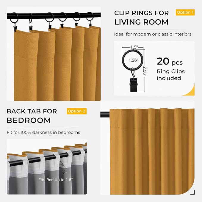 INOVADAY 100% Blackout Curtains for Bedroom, Black Out Curtains 84 Inch Long, Clip Rings Linen Blackout Drapes, Thermal Insulated Room Darkening for Living Room, 2 Panels - Mustard Yellow,W50xL84