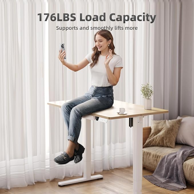 YDN Electric Standing Desk 55 x 24 Inch with Drawer Natural | Industrial steel frame supports 176Lbs, 28.3-46.5 inch height range with 3 presets, 45dB quiet motor