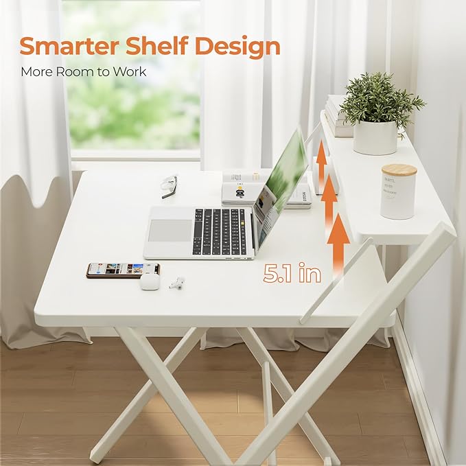 GreenForest Folding Desk No Assembly Required Large Size, 2-Tier Foldable Computer Desk with Shelf for Home Office, Space Saving Portable Laptop Study Foldable Table for Bedroom, White