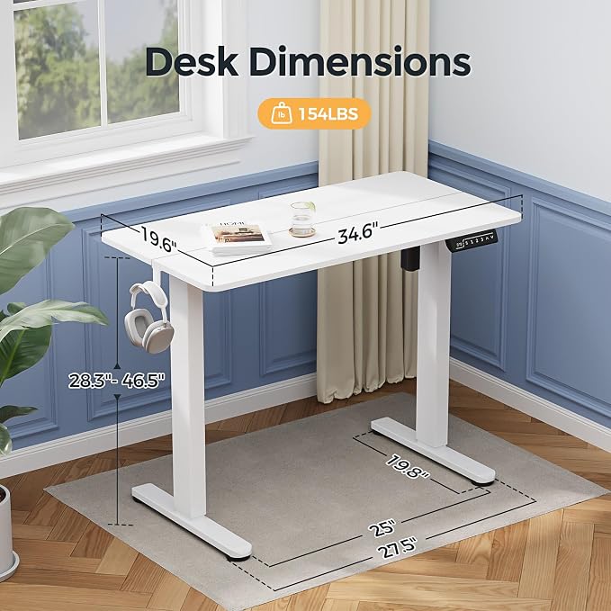 Small Electric Standing Desk, 35" ×20" White Standing Desk, Height Adjustable Compact Sit Stand Workstation with Splice Board, Home Office Desk with 2 Hooks