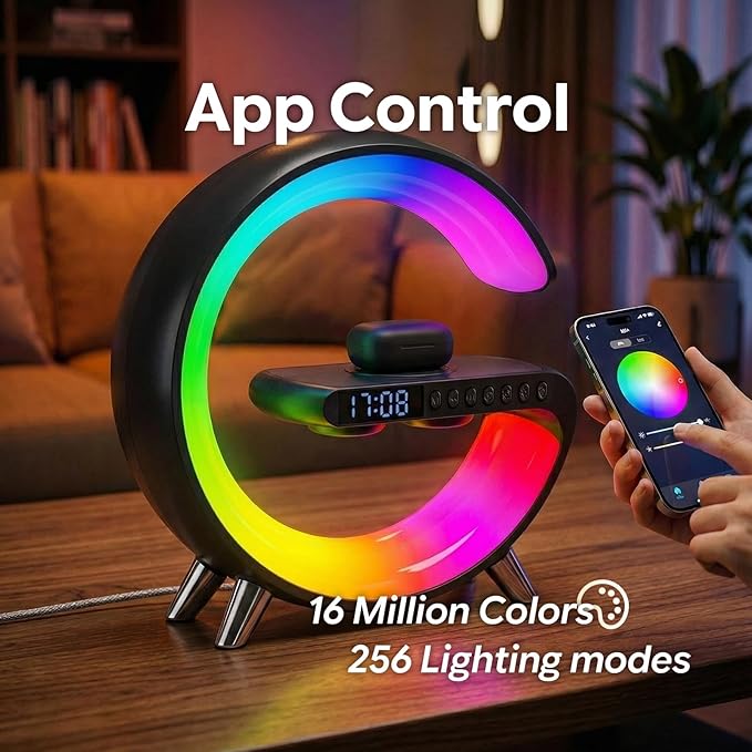 Smart LED Table Lamp for Bedroom with Wireless Charging Bluetooth Speaker, App Controlled Night Light for Kids, Christmas Birthday Gifts for Teens Adults Desk Office Bedroom Decor (Black