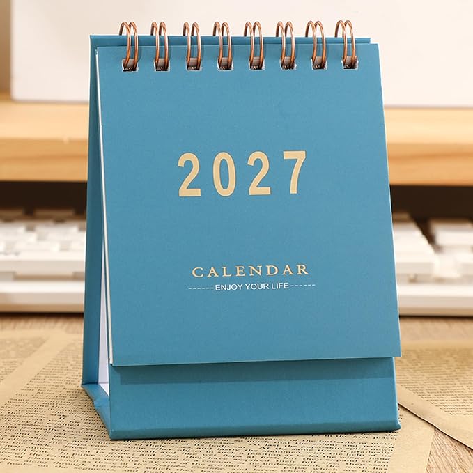 Mini Desk Calendar 2026-2027 - Runs From January July 2026 until Dec 2027, 18-Month Small Desktop Calendar 250gsm Thick Paper Twin-Wire Binding for Home or Office (Blue)
