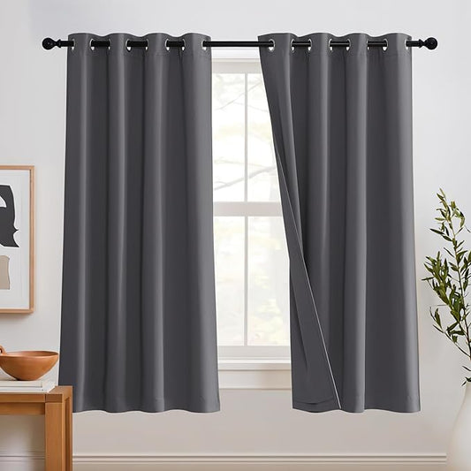 RYB HOME Noise Cancelling Curtains - 3 Layers Total Blackout Curtains Grommet Heavy Duty Drapes Thermal Insulated Energy Efficiency for Kids Room Studio Bedroom, 52 x 63 inches Long, Grey, 2 Panels