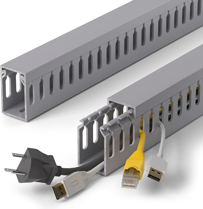 1.6" H x 1" W Cable Raceway, 132in Under Desk Wire Management Channel, Grey | Slotted Wire Duct, 8Pack, 16.5in Each, Heavy-Duty PVC Cable Management for Server Racks, Network Cables & Electrical Cabinets