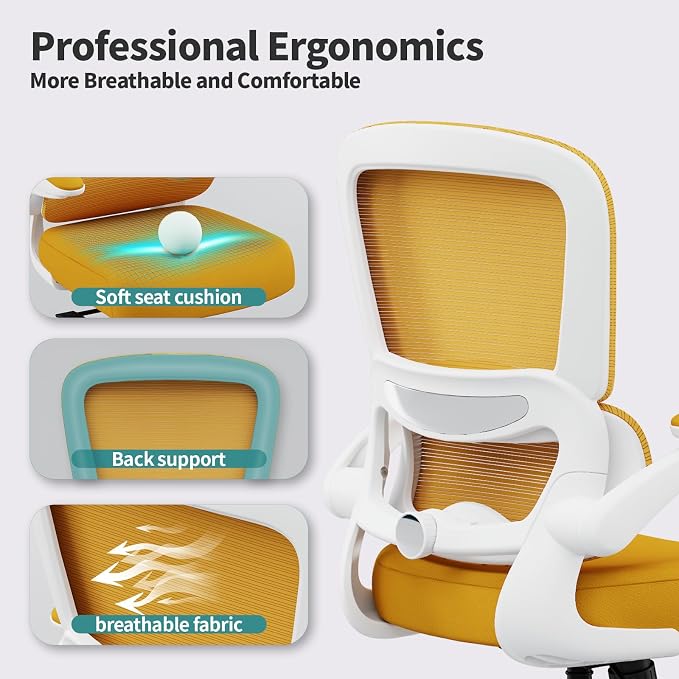 TRALT Office Chair - Ergonomic Desk Chair with Adjustable Lumbar Support, Mesh Computer Chair, Executive Chairs for Home Office Comfortable Lumbar Support (White Yellow)