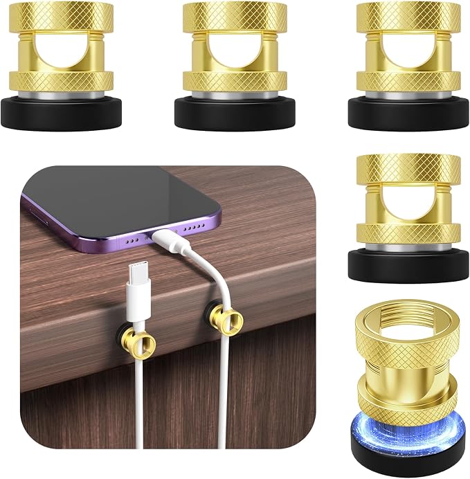 Maveek 6 Pack Magnetic Cable Clips, Knurled Metal Desk Cord Organizer, Gold | Stronger Hold Magnet Secure USB Charging Wires For Home Nightstand Office Desk Auto Dash Cam, Self-Adhesive & Magnetic Mount