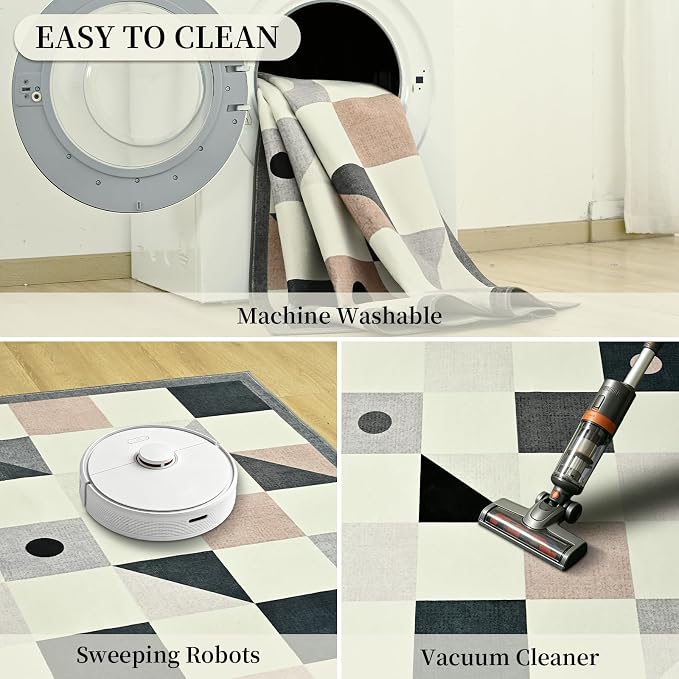 Terrug Grey and Beige Geometric Checkered Rug for Bedroom, 4x6 Area Rugs Washable with Non Slip for Living Room, Soft Low Pile Stain Resistance Carpet for Kids Room