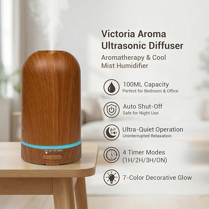 Ultrasonic Essential Oil Diffuser 100ML - Cool Mist Humidifier, 7-Color LED Lights, 3 Timer & Auto Shut-Off, Ideal Gift for Home Bedroom Office (Wood Brown)