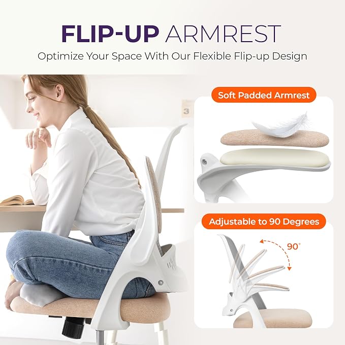 NEO CHAIR Office Desk Gaming Ergonomic Computer Chair with Lumbar Back Support Adjustable Height Swivel Rolling Wheels Flip-up Arms Mesh Chair for Home Vanity (Beige)