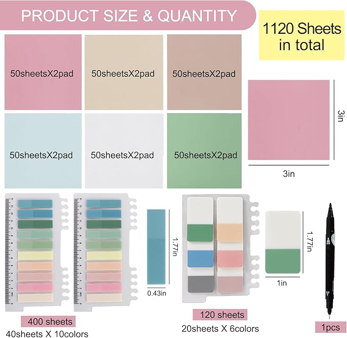Vuzvuv 1120 Sheets Transparent Clear Sticky Notes with Pen,3x3 Inch Bulk Translucent Sticky Notes Set for Bible Tabs, Book Tabs, Office School Supplies(Green Pink)