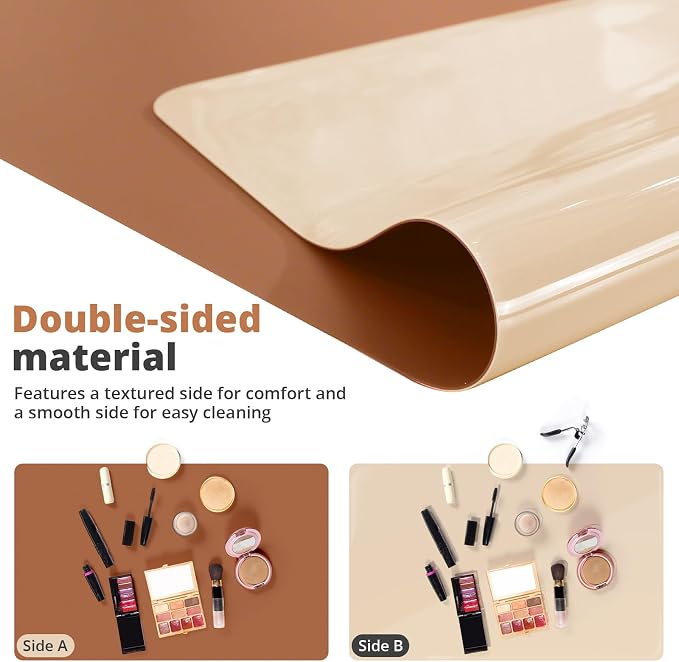 LovePads Makeup Mat for Vanity, 16 x 36 Dual-Sided Desk Pad & Vanity Cover Top, Waterproof PVC Protector Mat for Dresser, Nail Art, Craft Table (Brown+Beige)
