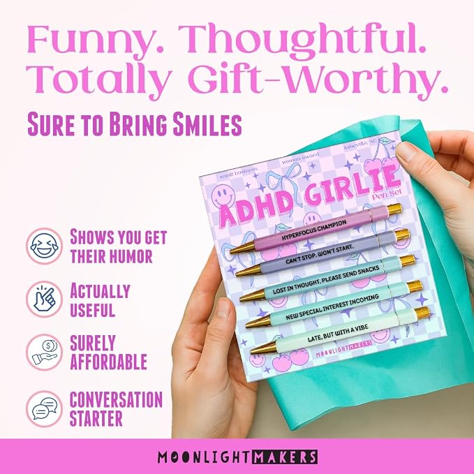 Moonlight Makers - Set of 5 Ballpoint Pens Black Ink - Engraved Funny Pens for Adults - ADHD Girlie Appreciation Adult Gifts - Ideal Desk Decor for Work and Office Desk - Cute Packaging, Handy Clips