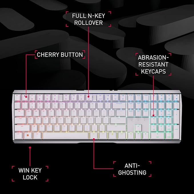 Cherry MX 3.0S Wireless, Mechanical Gaming Keyboard, Bluetooth, 2.4 GHz & Wired Mode, RGB Lighting, Aluminum Housing, Rechargeable, MX2A Blue Switches, Black