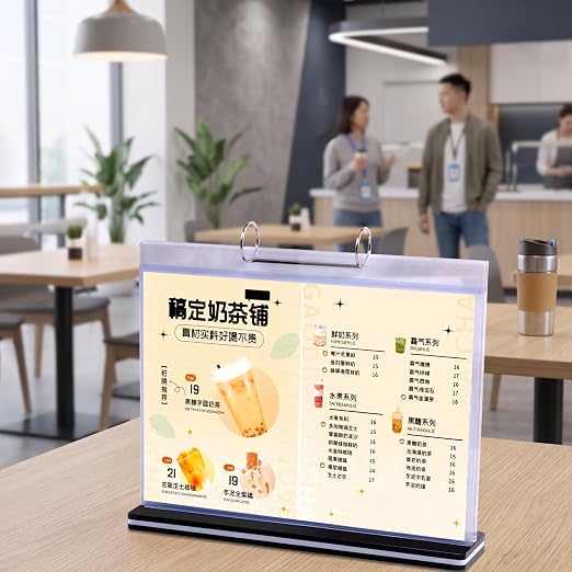 2Pcs Table Flip Menu Holder with 6 Pages Sleeve, 5.5" X 8.5" Tabletop Sign Signage Horizontal Display Stand with Base, Suction Cups, Paper Cutter, Rotating Binders Rack, for Photo, Bar, Job Fair
