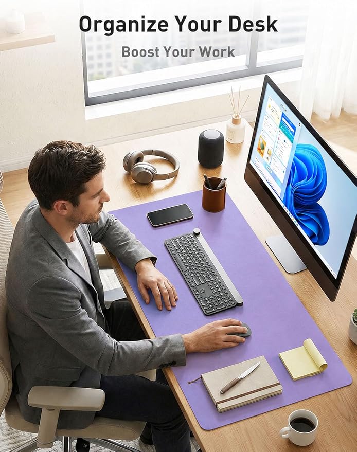 Aothia Faux Leather Desk Mat – Large Desk Pad & Mouse Pad, Smooth Writing Surface, Waterproof Desk Protector, Suede Back, Office & Home (Light Purple, 42" x 17")