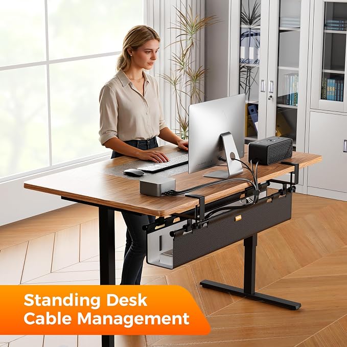No Drill Thickened Under Desk Cable Management Tray,38.5In,Black | Upgraded Double-Layer Extra Thick Standing Desk Wire Management,Cord Organizer with Clamp/Screw Mount,for Office,Home