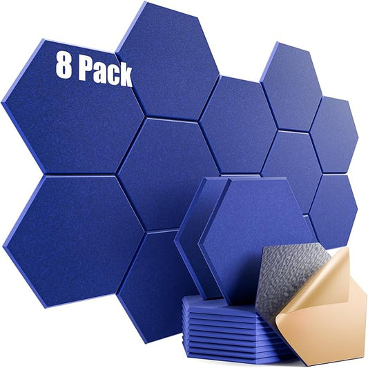8 Pack Self-adhesive Acoustic Panels 12" X 10" X 0.4" - Sound Proof Foam Panels for wall with High Density, Hexagon Design, Flame Resistant, Absorb Noise and Eliminate Echoes(Telecom Blue)