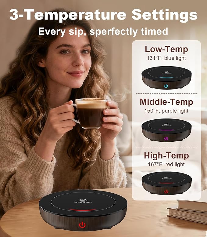 Kepwam Coffee Mug Warmer for Desk, 3-Temp Fast Heating Cup Warmer with 6H Auto Shut Off, LED Light & Smart Candle Warmer for All Beverages, Ideal Gifts for Women Men