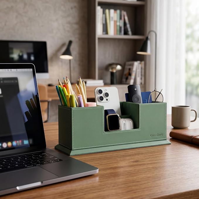 UnionBasic Desk Organizer, Desktop Caddy Leather Multi-compartment Pen Holder Office Stationer Organizer, Malachite Green