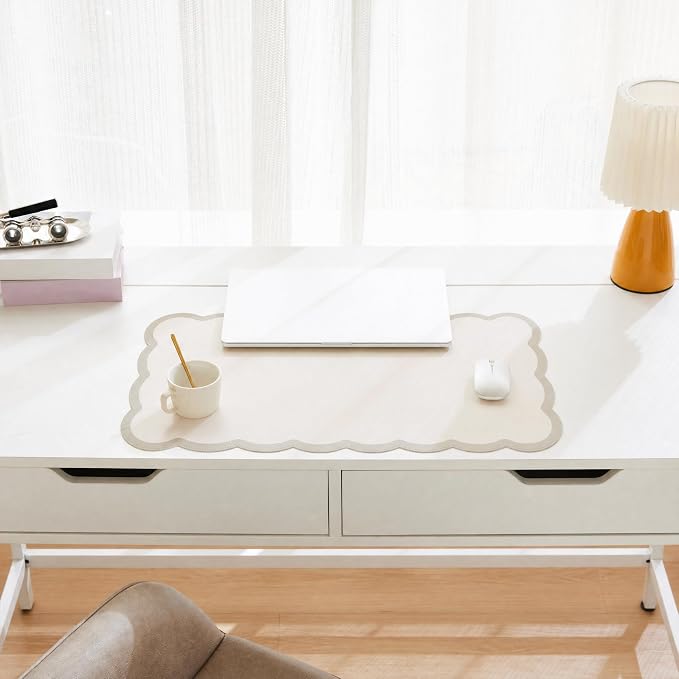 Scalloped Desk Mat, 23.6" x 11.8" Cute Small Beige Sand Aesthetic Desk Accessories, PU Leather Computer Laptop Desk Mouse Keyboard Pad, Desk Writing Mat for Vanity/Work/Home Decor