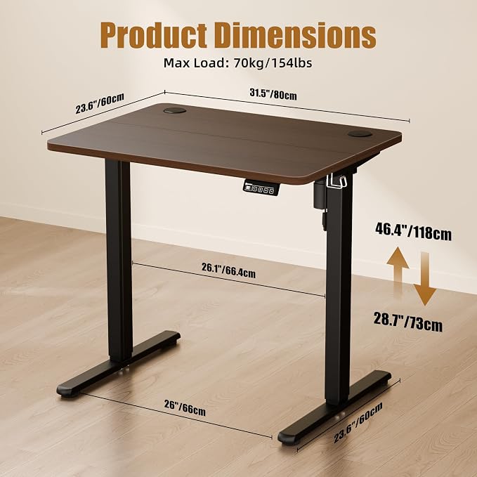 Small Standing Desk, 32"x24" Height Adjustable Sit-Stand Office, Walnut | Electric Adjustable Standing Desk, Sit to Stand Computer Office Desk with Splice Board, Memory Preset, Lifts 28.7''-46.5"