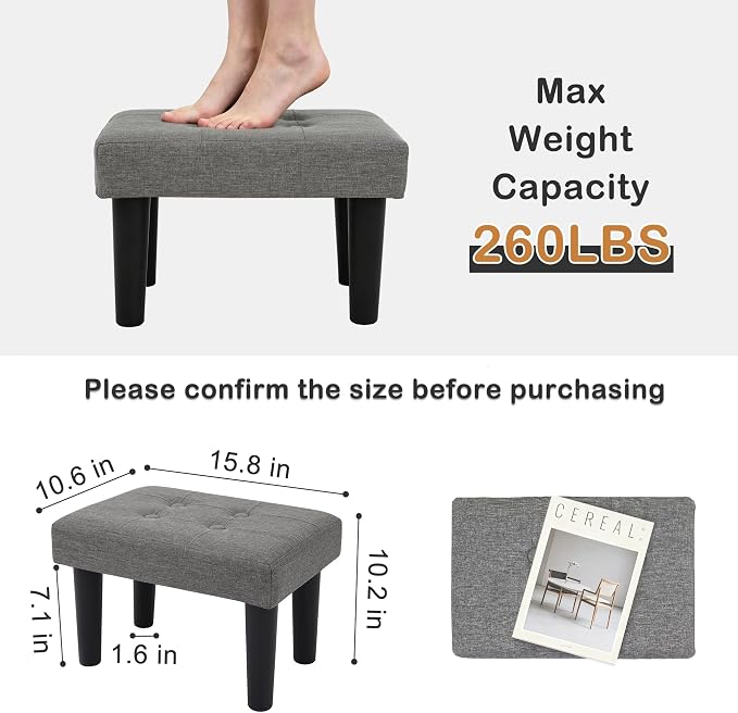 CAROLMADE Footstool Ottoman with Legs, Linen Small Foot Rest Under Desk, Ottoman with Storage for Living Room, Bedroom, Entryway Grey