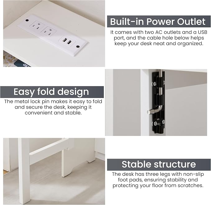 Fold Out Desk with Power Outlets, Small Foldable Table with Storage Shelf,Space-Saving Hidden Desk for Bedroom, Living Room & Office (White)