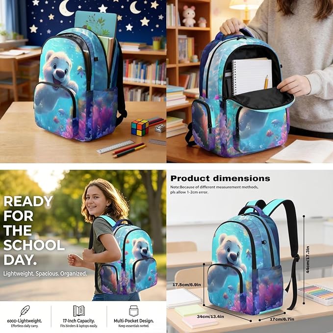 Little Bear Backpack for Girls 6-8 Cute Bookbag with Lunch Box Kawaii Backpacks Set for Girls Cute Large Capacity Schoolbag for Kids Backpack Elementary Back to School Supplies
